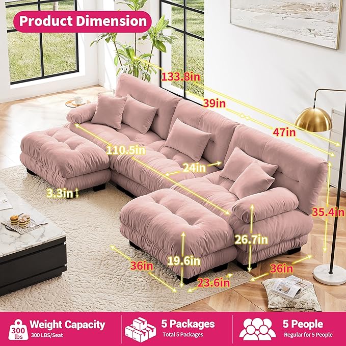 U Shaped Couch Sectional Couch, 3-Seater Cloud Couch Sectional Oversized Couch, Sofa Bed Couch with Round Bolster Armrests 5 Pillows, Modular Couch Home Sofa Living Room Couch(Pink)