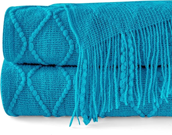 inhand Teal Throw Blanket for Couch and Bed, Soft Living Room Home Decor Knitted Blanket with Tassel, Outdoor Lightweight Breathable Summer Blanket, Farmhouse Warm Woven Decorative, 50"x60"