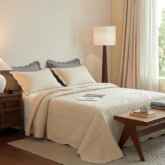 MarCielo 3-Piece 100% Cotton Oversized Bedspread Lightweight Quilt Coverlet Embroidery Farmhouse Bedding Set T0 (Yellowish Beige, Oversized Queen (100"x106"))