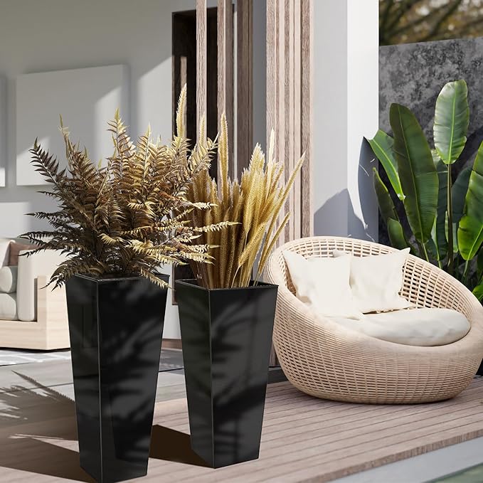 KOL 25'' & 28'' Tall Glazed Planter with Saucer, Set of 2, Galvanized Steel Planter Metal Pots for Indoor & Outdoor Use, Decorative Flower Plant Pots with Drainage Hole for Porch, Patio, Deck - Black