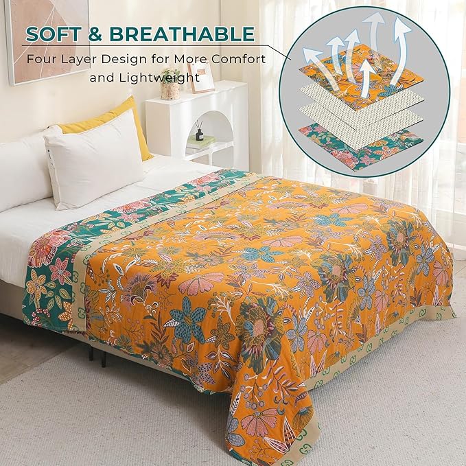 Fall Throw Blankets Reversible Luxurious Cotton Bed Throws with Vintage Bohemian Design & Yellow/Green Lightwight Floral Decor Blanket, Perfect as Bed Sofa Quilt 90" x 98"
