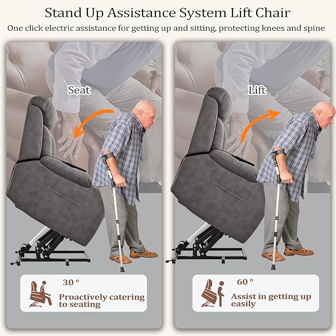 Power Lift Chair Recliners for Elderly, Modern Overstuffed Electric Seniors Recliner Chair with Remote Control Side Pocket for Living Room Bedroom (Dark Grey)