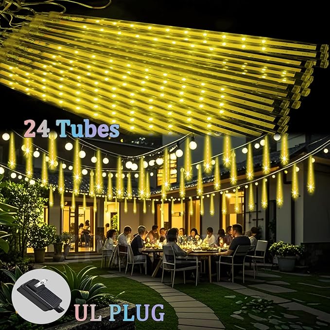 Outdoor Meteor Shower Christmas Lights 24-Tube 576LEDs Shooting Star Waterfall Meteor Shower Falling Rain Light for Christmas Tree Decorations Wedding Party Holiday Garden, UL Plug Warm White