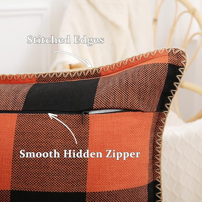 decorUhome Fall Orange and Black Decorative Throw Pillow Covers 16x16 Set of 2, Buffalo Plaid Check Farmhouse Cushion Covers with Stitched Edge for Autumn Harvest Couch Sofa Bed Home Decor