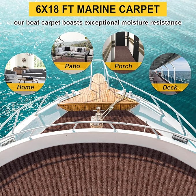 Marine 6 FT x 18 FT Brown Indoor/Outdoor Rug 0.2" Thick - Boat Carpet with Water-Proof TPE Backing, Non-Slide for Home, Patio, Porch, Deck