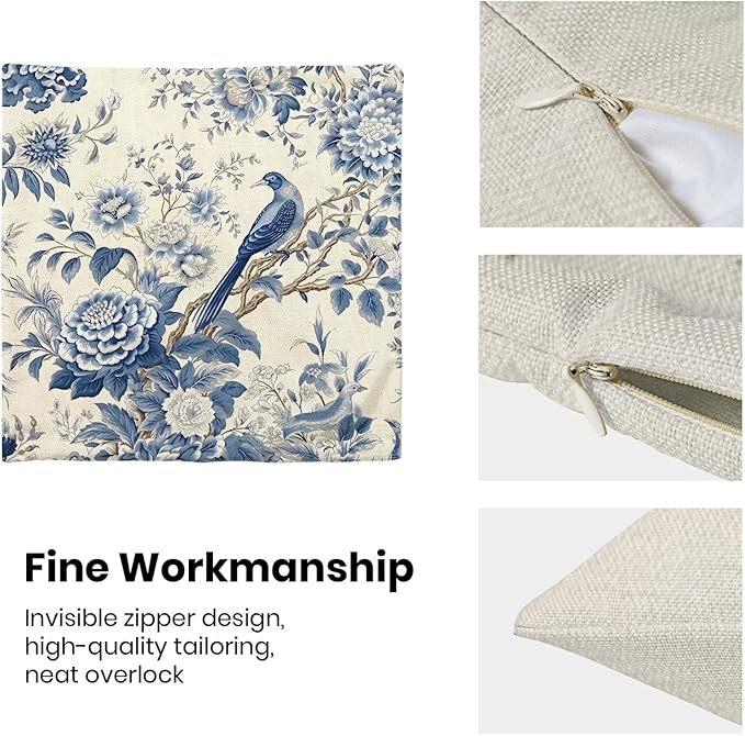 CXMEIFLY Spring Floral Pillow Covers 20 x 20 Inch Set of 2 for Chinoiserie Flowers Bird Decor Throw Pillows Vintage Blue and White Plant Outdoor Decorative Cushion Cases for Couch Bed Decorations