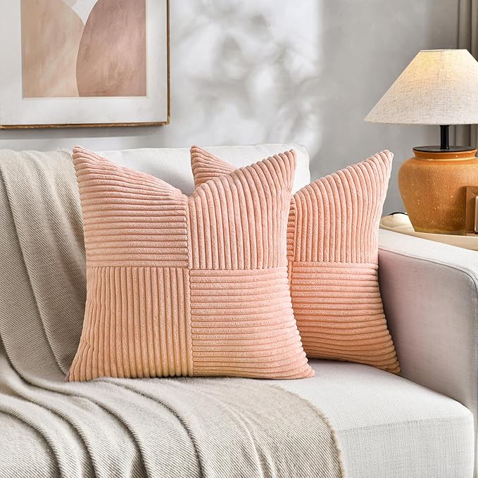 Fancy Homi 2 Packs Peach Decorative Throw Pillow Covers 16x16 Inch for Living Room Couch Bed Sofa, Rustic Farmhouse Boho Home Decor, Soft Corss Patchwork Corduroy Textured Square Cushion Case 40x40 cm