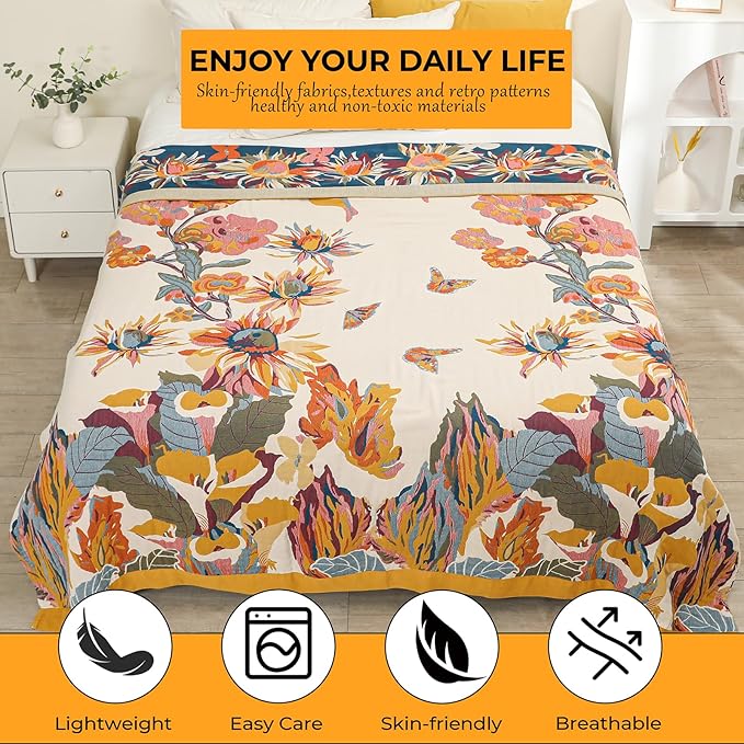 Boho Large Throw Blanket 90" x 98",100% Cotton Soft Sofa Bed Throw-Floral Butterfly Decor Blanket Reversible Bohemian Luxury Throw for Couch Sofa Chair Travel