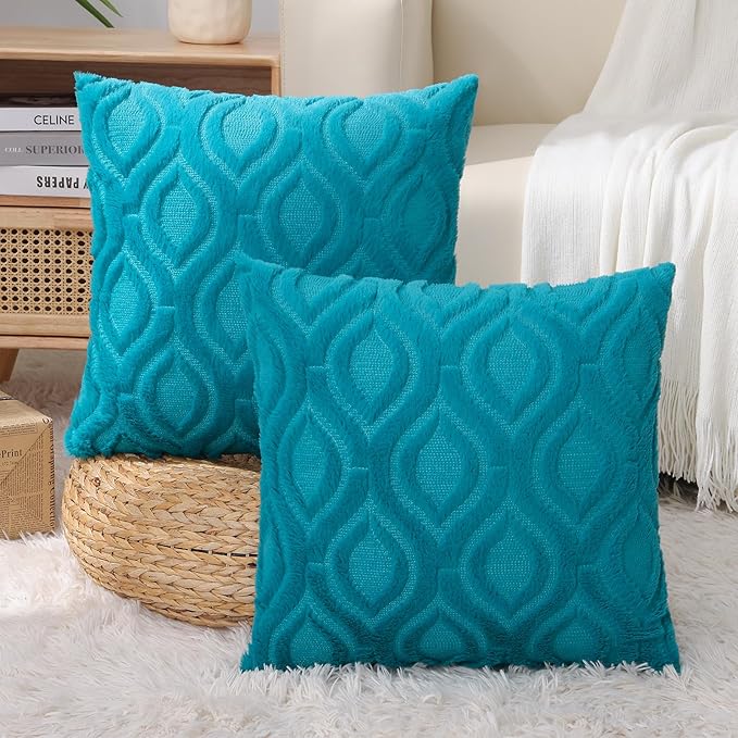 decorUhome Fall Throw Pillow Covers 22x22 Inch Set of 2, Soft Plush Decorative Faux Fur Teal Solid Couch Pillow Covers, Accent Farmhouse Neutral Square Euro Pillow Cases for Sofa Bed Living Room