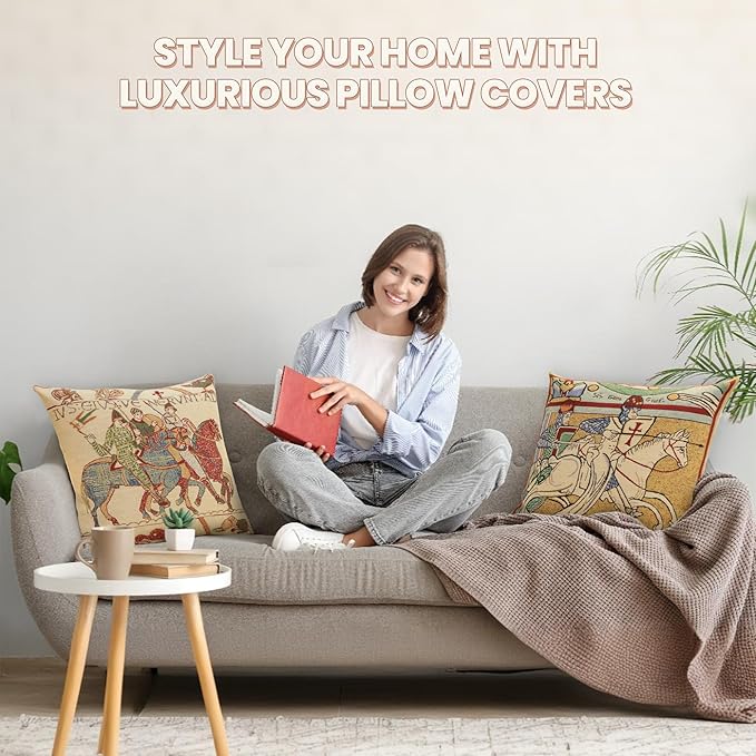 Charlotte Home Furnishings Bayeux Navigo Throw Pillow Cover 16" x 16" – Medieval Ship Decorative Tapestry Cushion Case for Sofa, Couch, & Bed | Cotton Jacquard Woven in Europe | Insert Not Included