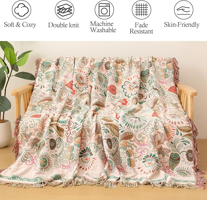 Snycler Cotton Bed Throw with Tassels, Double-Sided Bohemian Spring Flowers Plants Throws for Sofas, 80x90 inch Woven Warm Blanket for Single Sofa, Bedspread and Settee Couch Travel Green