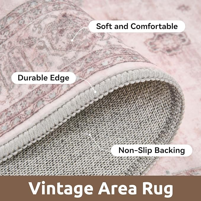 AMOAMI-Vintage Area Rug 6X9 Pink Rugs for Living Room-Soft Living Room Rug Non Slip Rugs for Bedroom Carpet Machine Washable Rug for Dining Room Bedside Office Room Decor