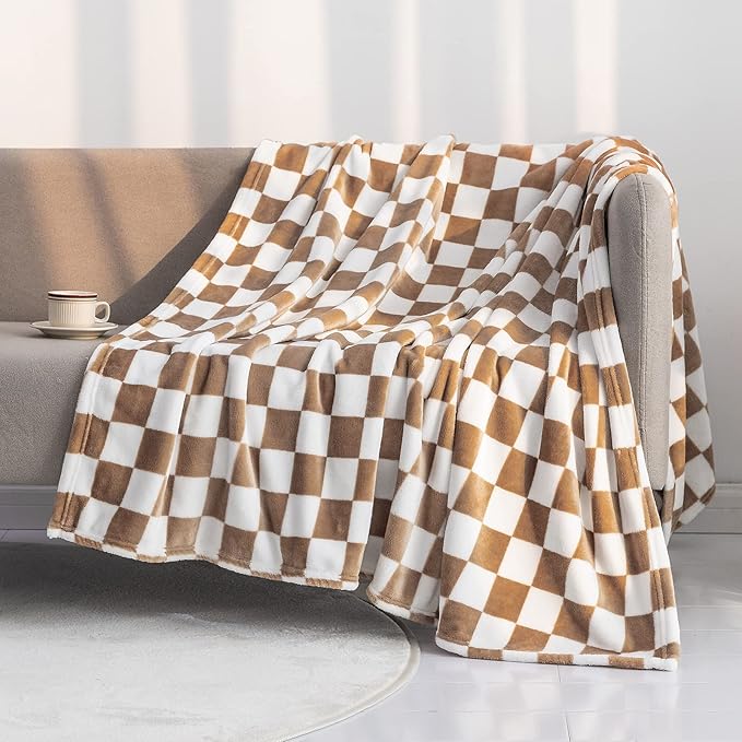 LOMAO Throw Blankets Flannel Blanket with Checkerboard Grid Pattern Soft Throw Blanket for Couch, Bed, Sofa Luxurious Warm and Cozy for All Seasons (Khaki, 40"x50")