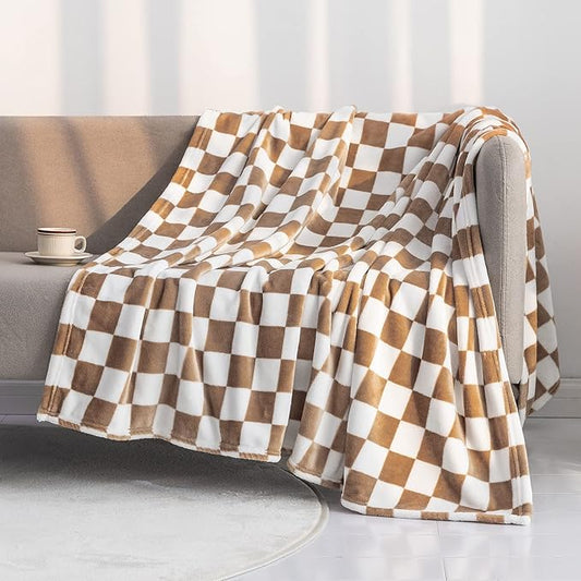 LOMAO Throw Blankets Flannel Blanket with Checkerboard Grid Pattern Soft Throw Blanket for Couch, Bed, Sofa Luxurious Warm and Cozy for All Seasons (Khaki, 40"x50")