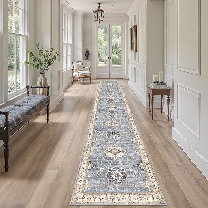 Washable 2.6x14 Runner Rug - Area Rugs Neutral Vintage Distressed Floral Farmhouse Boho Large Soft Floor Rug Indoor Carpet for Hallway Entryway Home - Blue