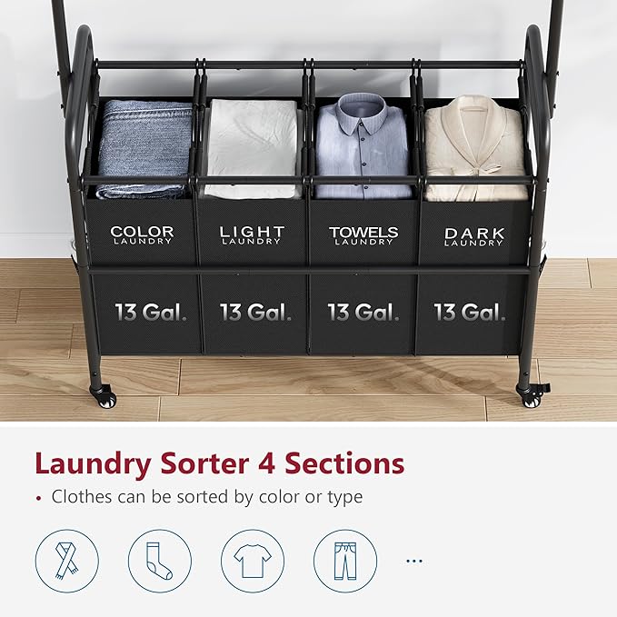 Tajsoon Laundry Sorter Cart with Hanging Clothes Rack, 4 Butler Sorter Basket Organizer, Laundry Hamper Cart with Heavy Duty Rolling Lockable Wheels, Black