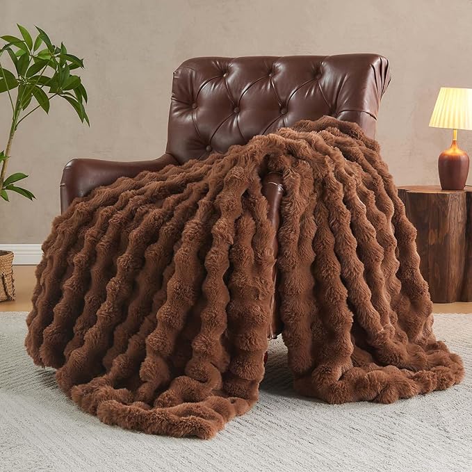 Lotus Karen Faux Fur Throw Blanket Dark Coffee - Big Bubble Rabbit Fluff Blanket for Couch Bed Sofa,Softest Fluffy Fuzzy Cozy Blanket,Thick Furry Plush Shaggy Warm Blankets for Women,50x60 Inches