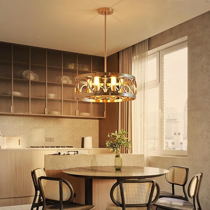 XINGQI 6-Light Modern Farmhouse Chandelier Brushed Nickel, 21.7'' Drum Ceiling Light Fixture for Living Dining Room Over Table with Round Metal Shade Pendant Lighting