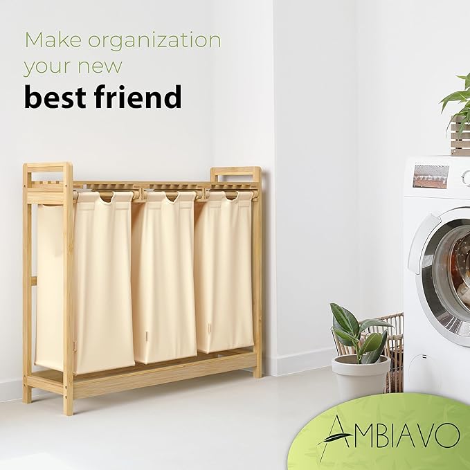 Laundry Hamper 3 Section beige - Large Bamboo Laundry Sorter with Removable Cotton Bags -Three Compartment Organizer for Clothes - Durable, Eco-Friendly, and Stylish Storage Solution for Home