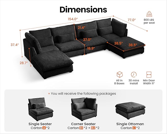 Oversized Modular Sofa, Extra Deep Cloud Corduroy Sectional Couch with Ottoman Chaise, Fluffy Chenille 6 Seat U-Shaped Sofa for Living Room, Villa (U Shape 6 Seater, Corduroy Black)