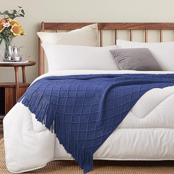 inhand Navy Blue Throw Blanket for Couch and Bed, Soft Living Room Home Decor Knitted Blanket with Tassel, Outdoor Lightweight Breathable Summer Blanket, Farmhouse Warm Woven Decorative, 50"x60"