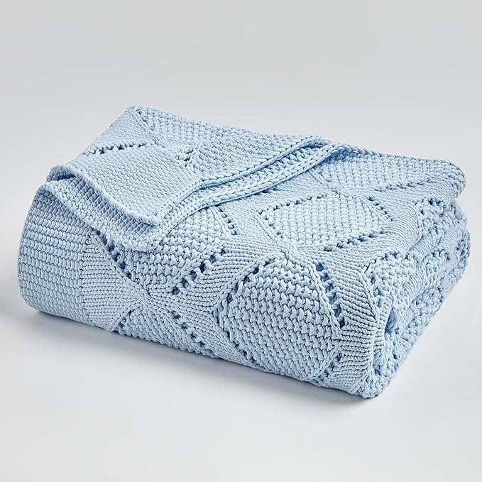 Longhui bedding Chunky Cotton Knit Throw Blanket for Couch, Sofa, Bed, or Chair, Decorative Breathable Fall Cable Knit Blanket 60 x 80 Inches, Light Blue