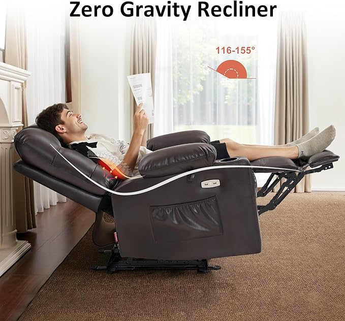 MCombo Zero Gravity Power Recliner Chair with Heat and Vibration Massage, Reclining Chair with USB Ports, Cup Holders for Living Room, Faux Leather PR621 (Brown)