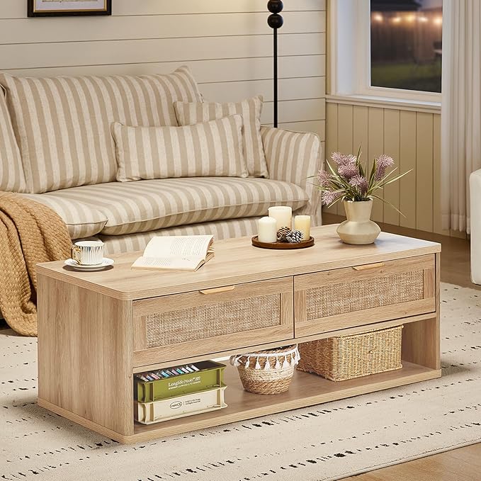 LEYAOYAO Boho Rattan Coffee Table and End Table Sets, 48" Wide Center Tables & 23" Night Stand with 3 Drawers, Natural Wood Coffee Table for Living Room 3 Piece Set