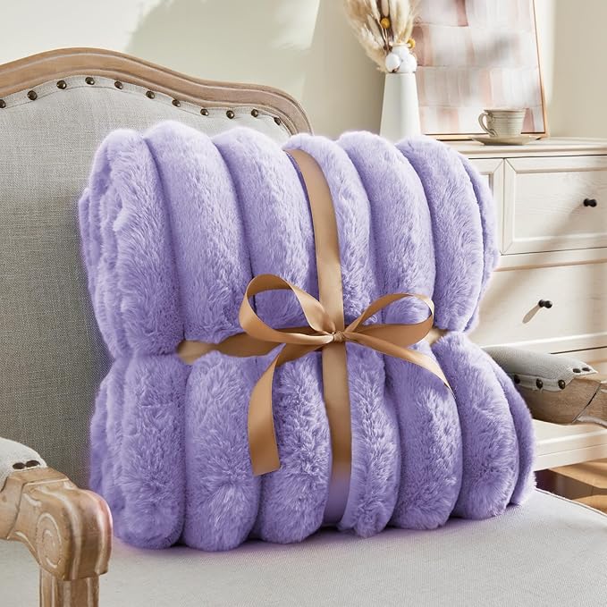 BEDELITE Faux Fur Throw Blanket for Couch, Soft and Cozy Luxurious 3D Striped Fluffy Blanket, 770GSM Thick Warm Plush Fuzzy Faux Rabbit Fur Blanket for Women Gift (Lavender, 60"x 80")