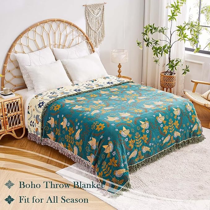 Boho Throw Blanket, 100% Cotton Ultra Soft Luxury Throw Rustic Quilt, 80"x90" Floral Printed Farmhouse Decor Bed Summer Blankets, All Season Rustic Reversible Bohemian Throw for Bed - Blue