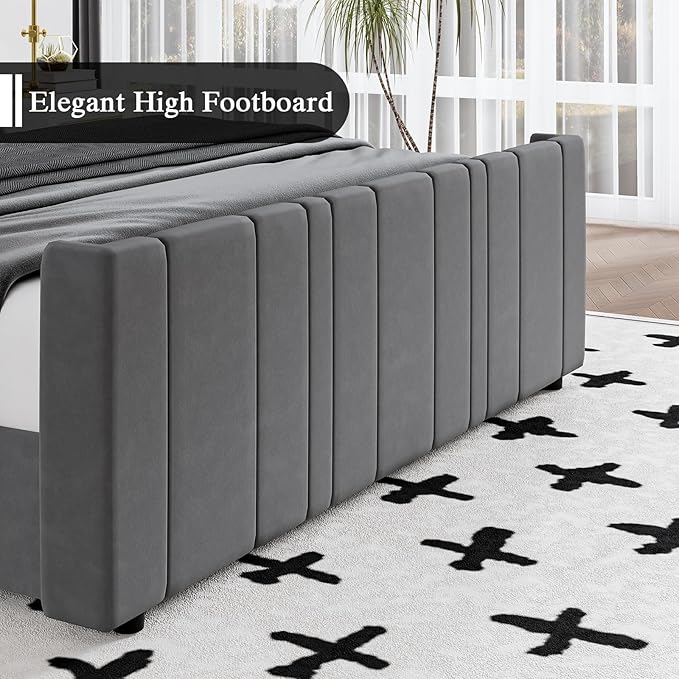 HOMBCK Queen Bed Frame Upholstered Bed with Velvet Headboard & Footboard, Vertical Channel Tufted Design/Wooden Slats/Noise Free/No Box Spring Needed/Easy Assembly, Grey