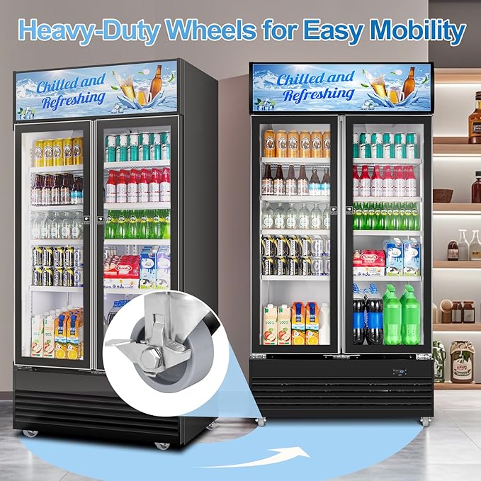 Tylza Commercial Refrigerator, Double Glass Door Display Beverage Fridge, 28.1 Cu Ft Upright Beverage Cooler Merchandiser with Replaceable Advertising Light Board, Rebound Door, Fast Cooling, Black