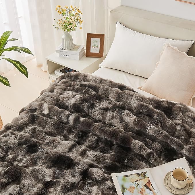 Lotus Karen Faux Fur Blanket Tie-Dye Dark Gray Twin Size - Big Bubble Rabbit Fluff Throw for Couch Small Fluffy Fuzzy Cozy Thick Furry Plush Shaggy Blankets 90x90 Inches