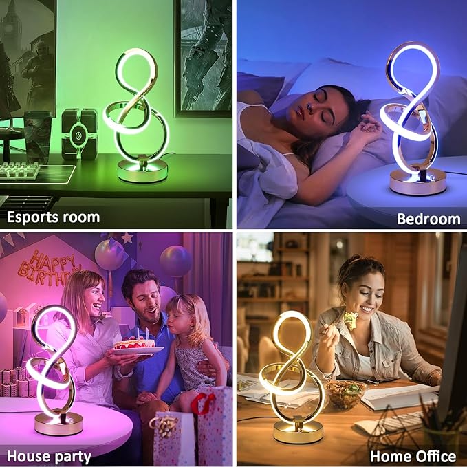 Modern Spiral Table Lamp, 7 Colors 10 Light Modes LED Nightstand Small Lamp with USB C+A Ports, Touch Dimmable Lamps for Living Room Bedroom Bedside, Unique & Cool Lamps,Gold