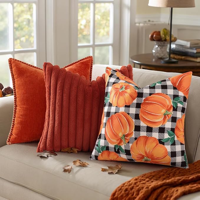 decorUhome Fall Orange Pumpkin Decorative Throw Pillow Covers 16x16 Set of 2, Buffalo Plaid Check Farmhouse Cushion Covers for Autumn Harvest Couch Sofa Bed Home Decor