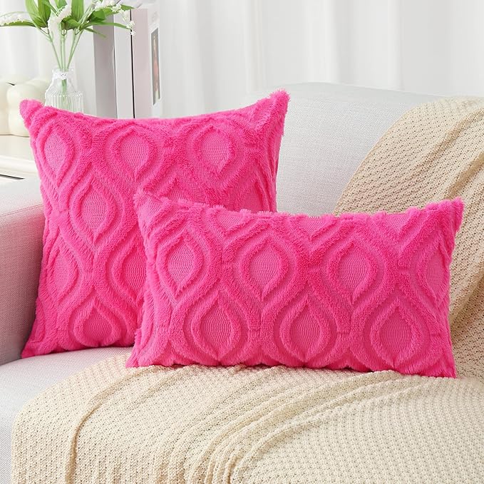 decorUhome Fall Throw Pillow Covers 26x26 Inch Set of 2, Soft Plush Decorative Faux Fur Hot Pink Solid Couch Pillow Covers, Accent Farmhouse Neutral Square Euro Pillow Cases for Sofa Bed Living Room