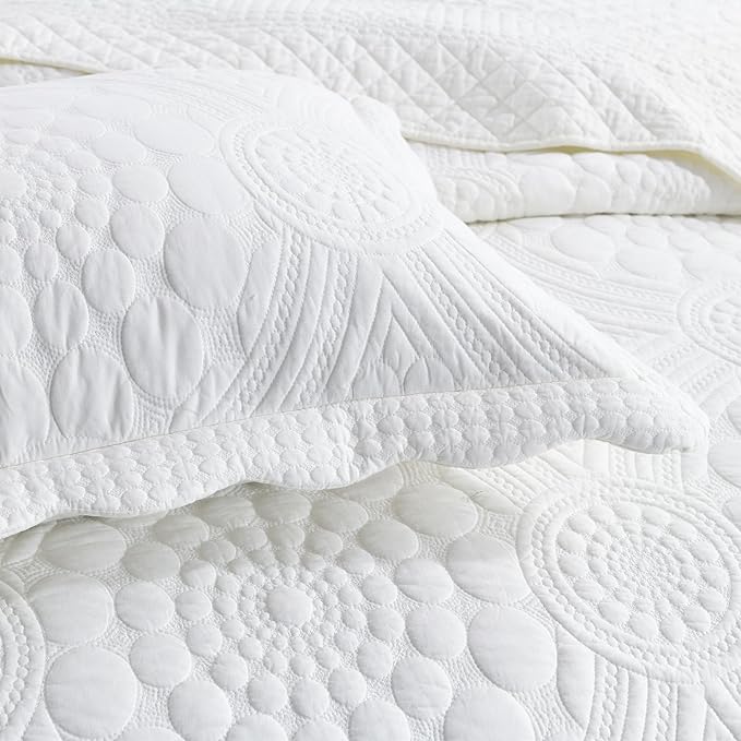 MarCielo 3-Piece 100% Cotton Oversized Bedspread Lightweight Quilt Coverlet Embroidery Farmhouse Bedding (Tf Bright White, Oversized King (118"x106"))