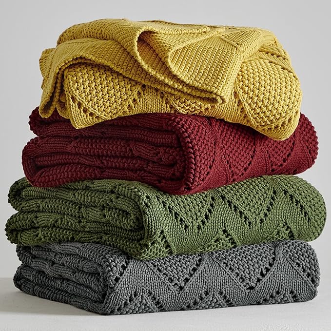 Longhui bedding Chunky Cotton Knit Throw Blanket for Couch, Sofa, Bed, or Chair, Decorative Breathable Fall Cable Knit Blanket 60 x 80 Inches, Large Mustard Yellow