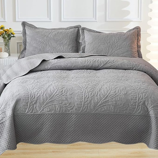 MarCielo 3-Piece 100% Cotton Oversized Bedspread Lightweight Quilt Coverlet Embroidery Farmhouse Bedding Set T0 (Light Grey, Oversized King (118"x106"))