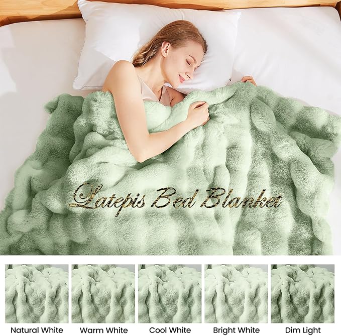 Latepis Soft Faux Fur Blanket Bubble Twin Size Comfy Blanket for Bed Fuzzy Cozy Thick Blankets for Couch Bedroom Furry Warm Blankets for All Seasons Luxury Bed Throw 60x80 Inch Sage Green, 860gsm