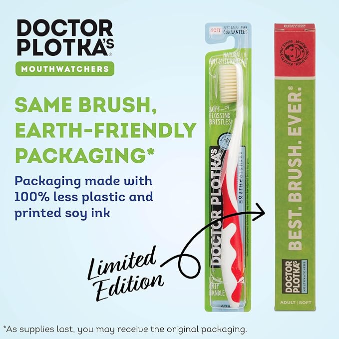 MOUTHWATCHERS Soft Flossing Manual Toothbrush for Adults, 2 Pack, Red, Ultra Clean, Good for Sensitive Teeth and Gums, by Dr. Plotka's