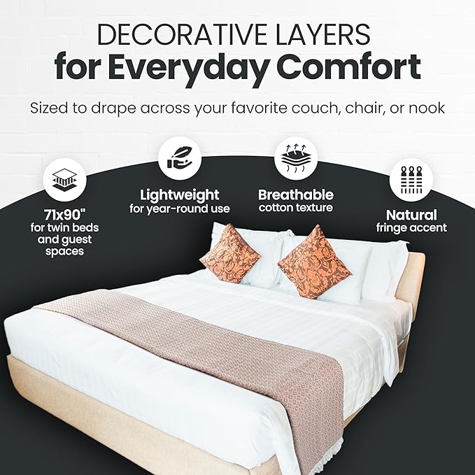 Gold Case Throw Blanket for Bed – 100% Recycled Turkish Cotton Bed Blanket – Decorative Throw Cotton Blankets for Living Room & Bedroom – Woven Twin Blankets - 71x90 - Beige