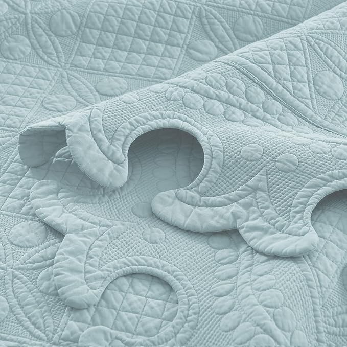 MarCielo 3-Piece 100% Cotton Oversized Bedspread Lightweight Quilt Coverlet Embroidery Farmhouse Bedding Set (TW Mint Green Blue, Oversized Queen (100"x106"))