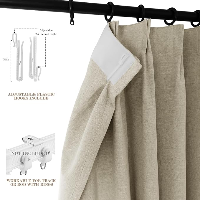 100% Blackout Linen Textured Drapes for Bedroom Pinch Pleated Curtains for Track System Portable Drapery for Sliding Glass Door/Storage/Space Room Divider, 70" Wx96 L, 1 PC, Beige