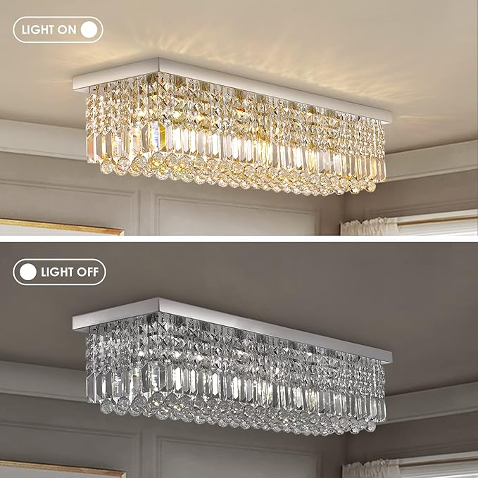 Siljoy Modern Crystal Chandelier 8-Lights Rectangular Flush Mount Pendant Ceiling Light Fixture Rectangle K9 Crystal Raindrop Chandelier for Dining Living Room Kitchen Island L40'' x W10'' x H10'