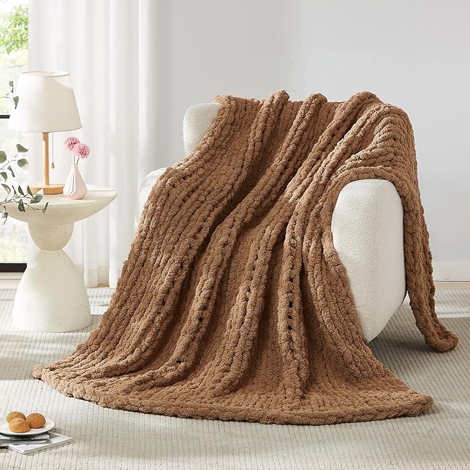 L'AGRATY Chunky Knit Blanket Throw - Soft Chenille Yarn Throw Blanket 40x50： Handmade Thick Cable Knit Crochet Blanke - Large Knit Blanket Chunky Rope Knot Throw Blanket for Couch Sofa Bed Home Decor