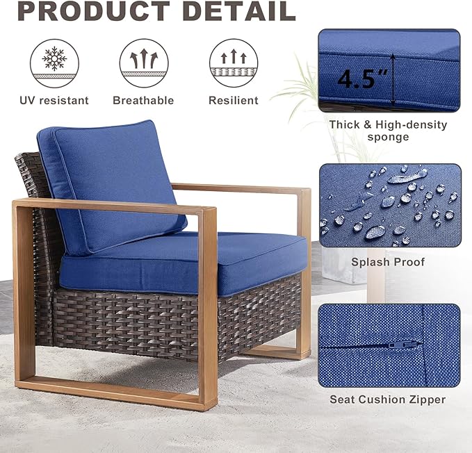 Outdoor Wicker Patio Furniture Set - 4 Piece Patio Conversation Set with 2 Wicker Armrest Chairs,2 Rattan Ottoman, Sturdy Frame, Thick Cushions, Deep Seating(Brown/Blue)