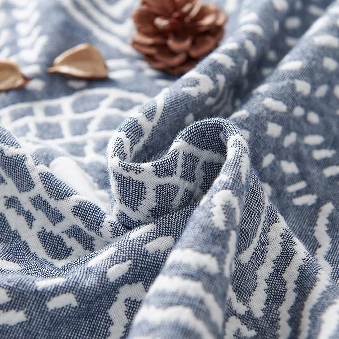 jinchan Boho 100% Cotton Muslin Blanket 3-Layer Queen Size 80x90 Inches Geometric Blue Lightweight Reversible Soft Cozy Comfy Throw for Couch Sofa Bed Coverlet Quilt Large Blanket Bedroom All Seasons