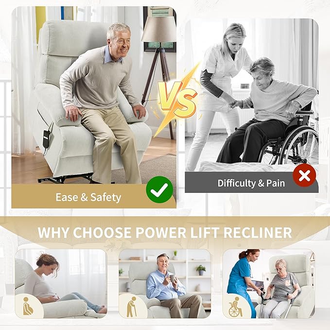 Power Lift Chair Recliners for Elderly, Overstuffed Electric Lift Recliner Chair with Widened Footrest Side Packets for Living Room Bedroom