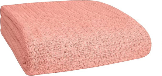 BELIZZI HOME 100% Cotton Bed Blanket, Breathable Bed Blanket Full Queen Size, Cotton Thermal Blankets Full Queen, Perfect for Layering Any Bed for All Season, Peach